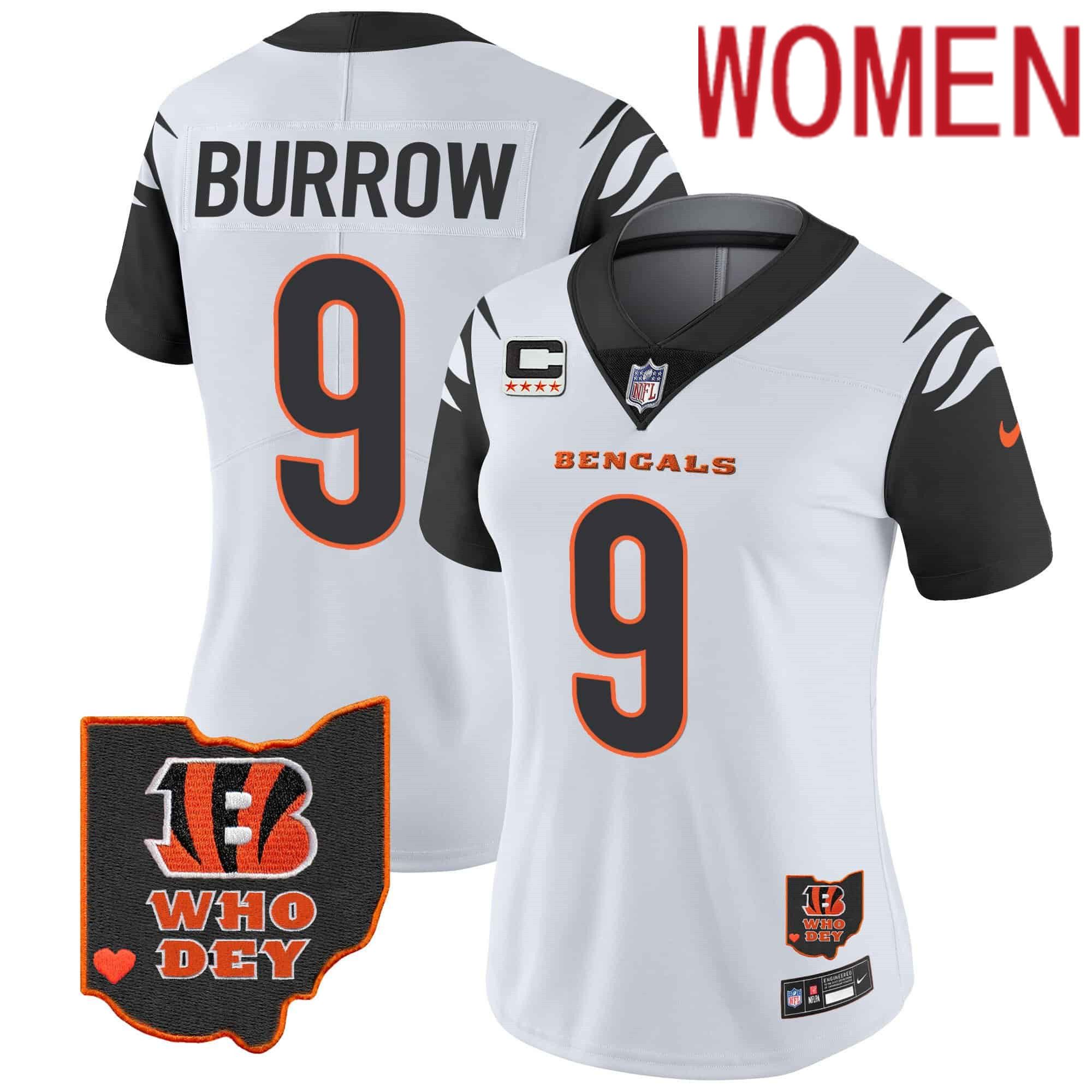 Women Cincinnati Bengals #9 Burrow White 2024 Nike Patch Vapor Limited NFL Jersey style 1->women nfl jersey->Women Jersey